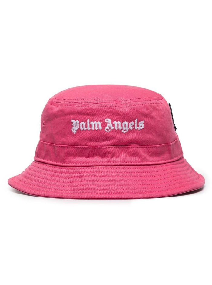 Palm Angels Womans Fuxia Cotton Bucket Hat Black With Classic Logo Pink And Gloves