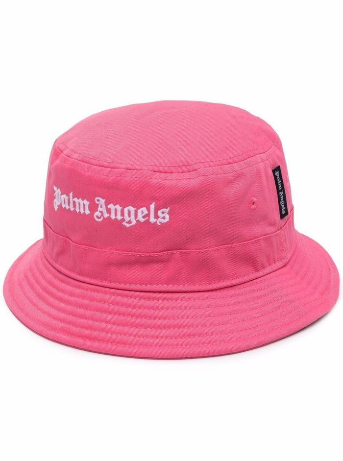Palm Angels Womans Fuxia Cotton Bucket Hat Black With Classic Logo Pink And Gloves