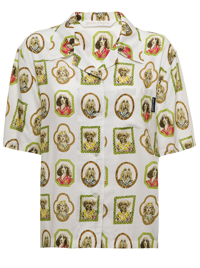 Palm Angels Womans Viscose Bowling Shirt With Allover Hawaiian Dogs Print White And Blouses