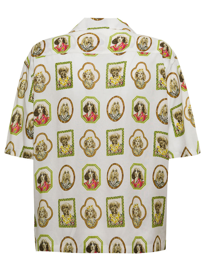 Palm Angels Womans Viscose Bowling Shirt With Allover Hawaiian Dogs Print White And Blouses