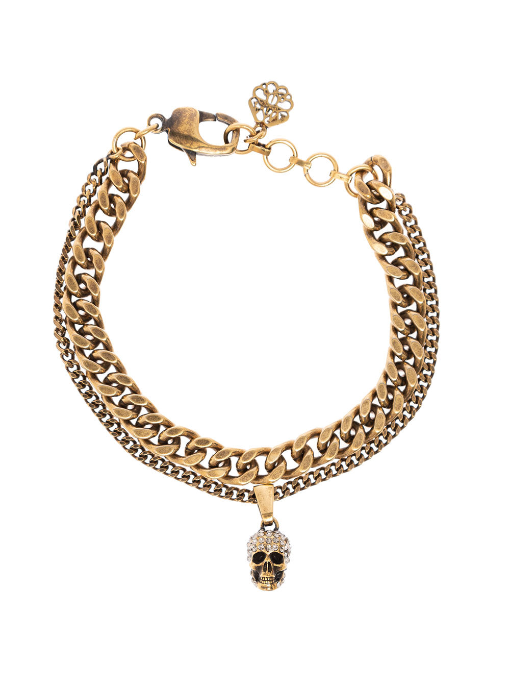 Alexander Mcqueen Womans Pave Double Chain Metal Bracelet With Skull Detail Metallic Brass