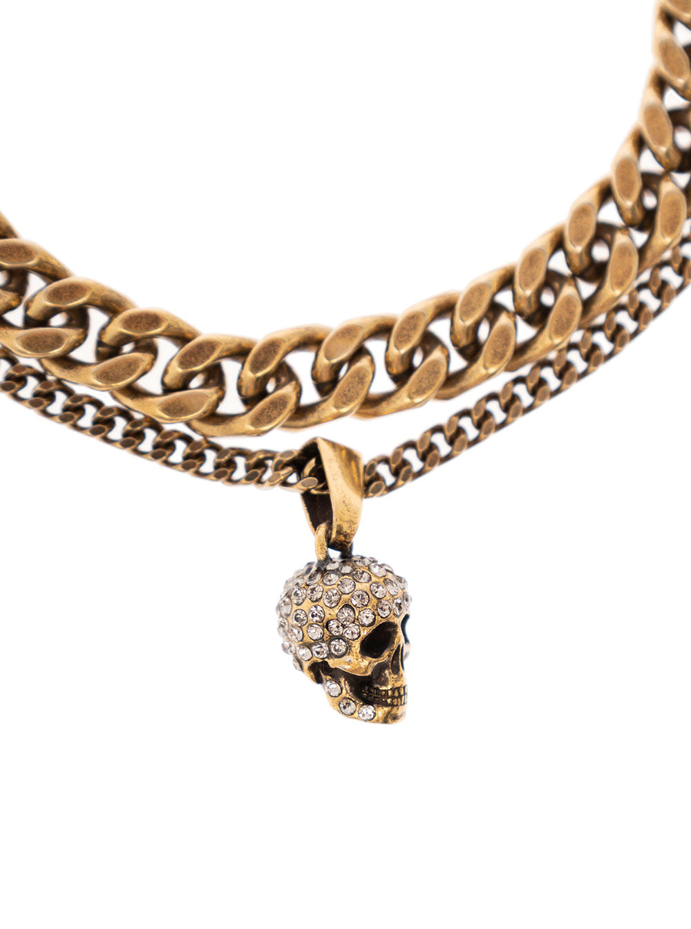Alexander Mcqueen Womans Pave Double Chain Metal Bracelet With Skull Detail Metallic Brass