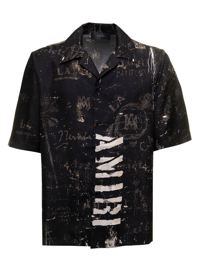 Amiri Mans Amy Stencil Camp Bowling Printed Viscose Shirt Black And Blouses