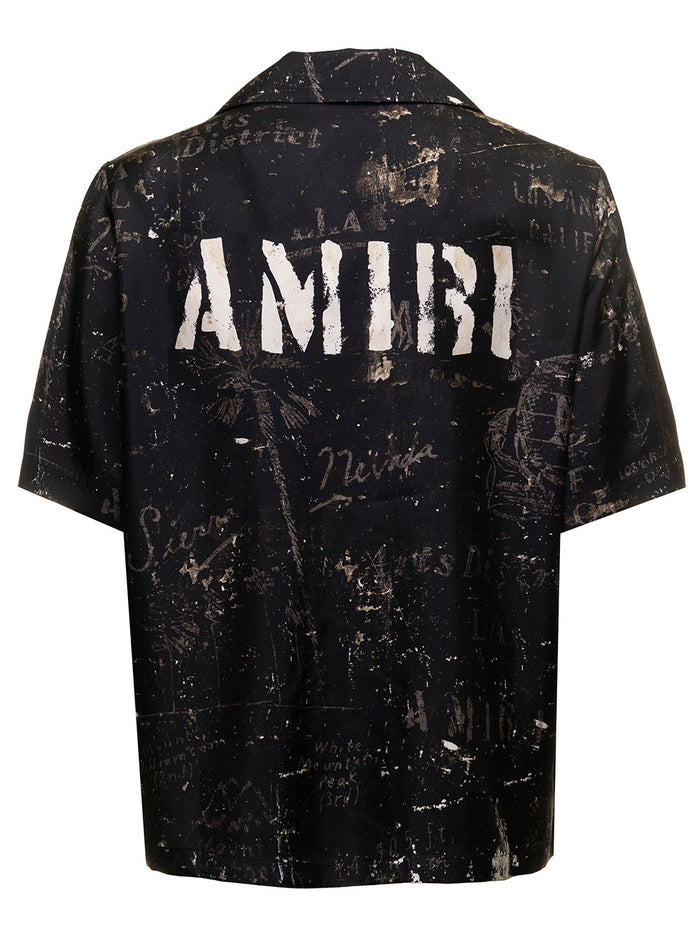 Amiri Mans Amy Stencil Camp Bowling Printed Viscose Shirt Black And Blouses