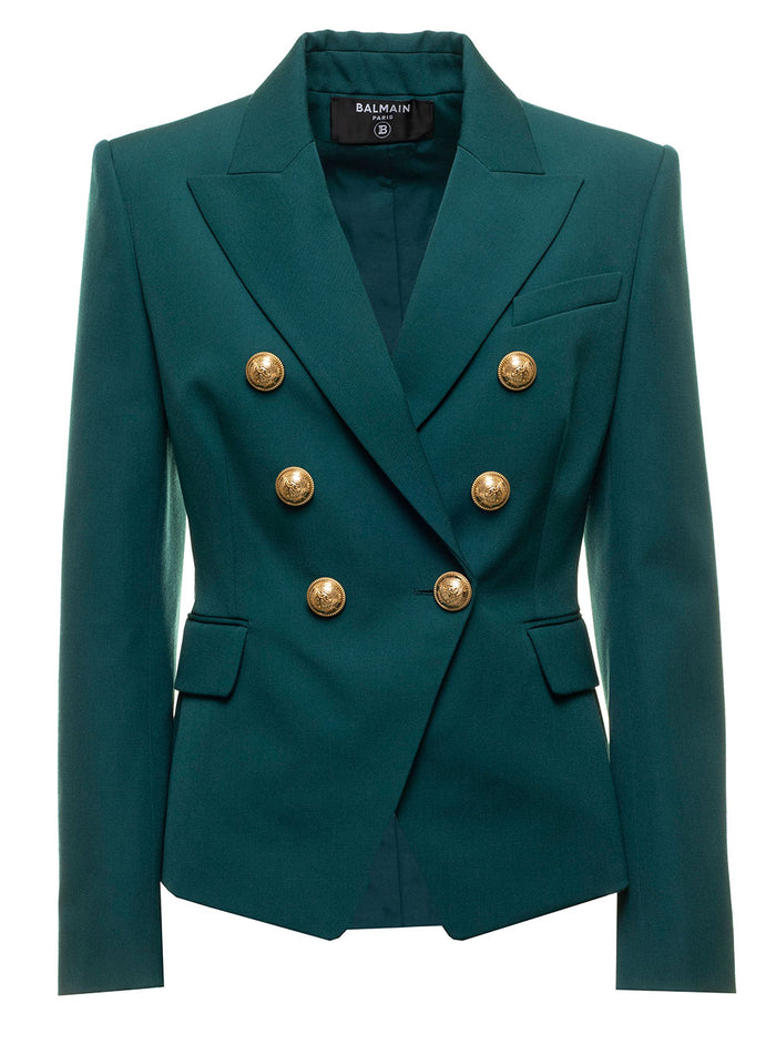 Blamain Womans Double-Breasted Petoil Colored Wool Jacket Green Blazers