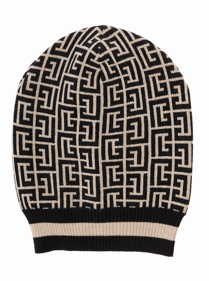 Balmain Womans Merino Wool Mongram Jacquard Hat Black Merinos And Gloves