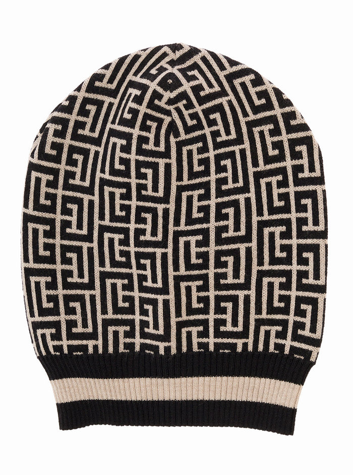 Balmain Womans Merino Wool Mongram Jacquard Hat Black Merinos And Gloves