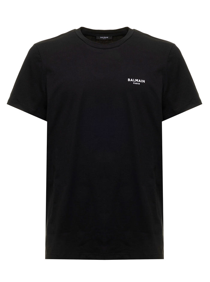 Balmain Mans Black Cotton T-Shirt With Flock Logo Organic Tshirts And Polo Shirts