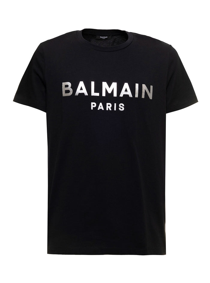 Balmain Mans Black Cotton T-Shirt With Laminated Logo Print Organic Tshirts And Polo Shirts
