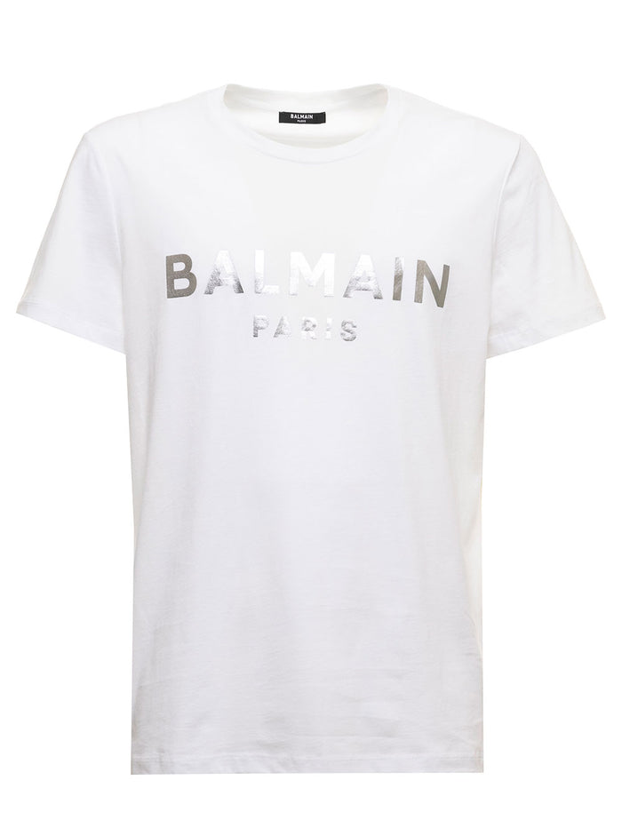 Balmain Mans White Cotton T-Shirt With Metallic Logo Print Organic Tshirts And Polo Shirts