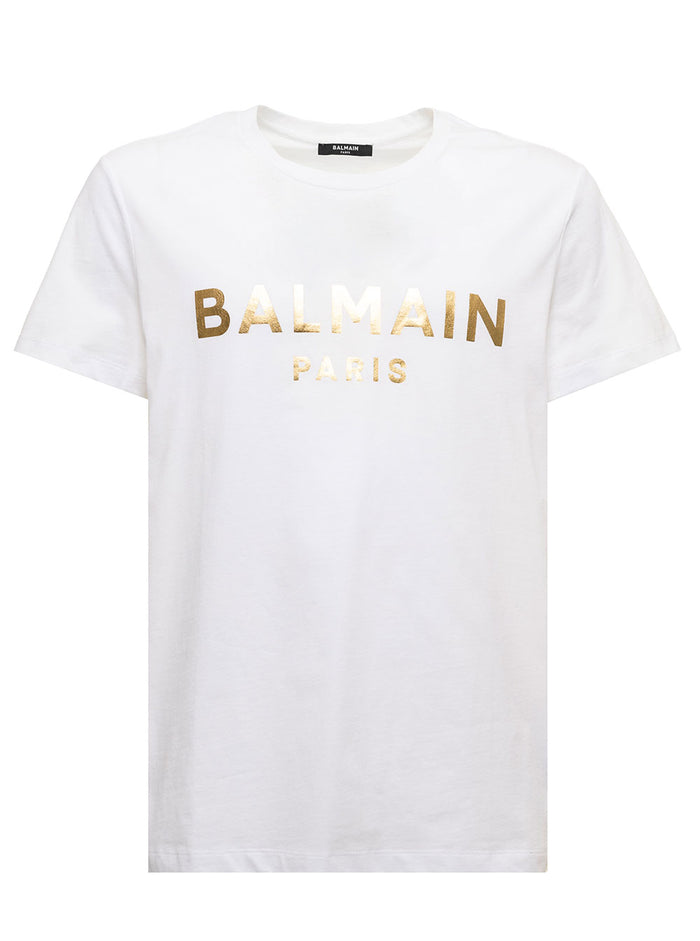 Balmain Mans White Cotton T-Shirt With Metallic Logo Print Organic Tshirts And Polo Shirts