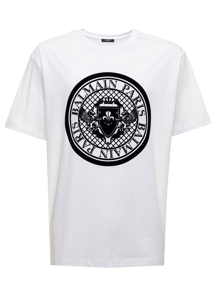 Balmain Mans White Cotton T-Shirt With Coin Flock Print Organic Tshirts And Polo Shirts