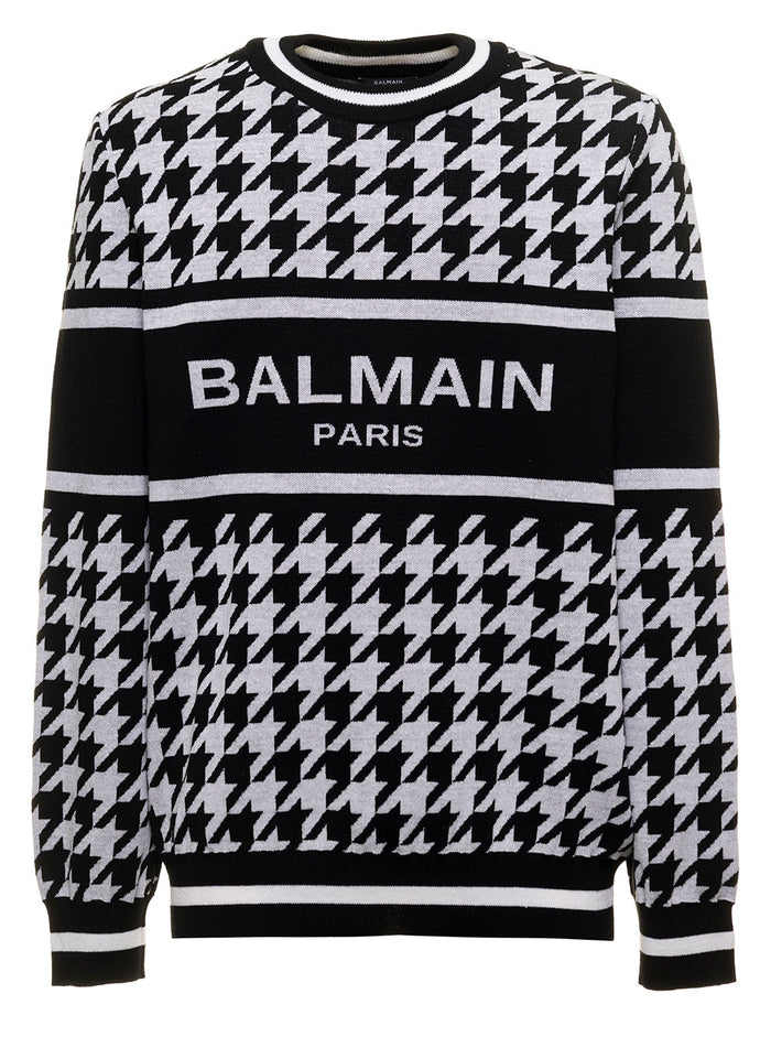 Balmain Mans Wool And Linen Houndstooth Sweater With Logo White Merinos Polyamide Jersey