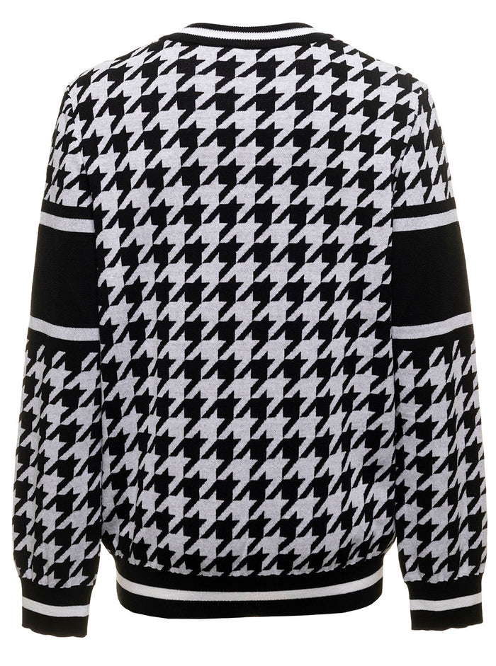 Balmain Mans Wool And Linen Houndstooth Sweater With Logo White Merinos Polyamide Jersey