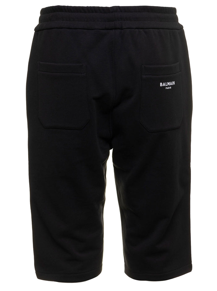 Balmain Mans Black Organic Cotton Bermuda Shorts With Flock Logo And