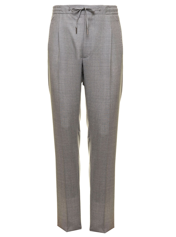 Lardini Mans Drop Grey Trousers With Drawstring Wool