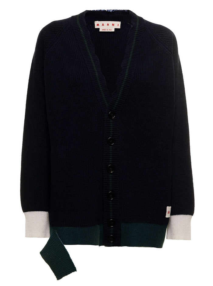 Marni Womans Wool Blend Black Long Cardigan With Logo Blu Virgin Knit Cotton Jersey