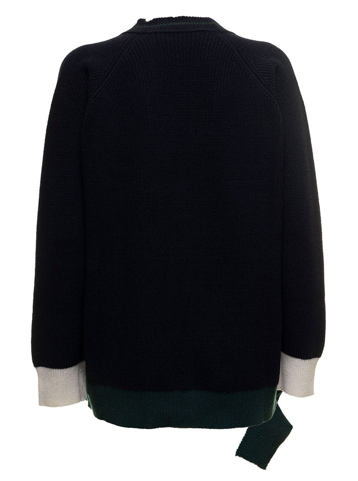 Marni Womans Wool Blend Black Long Cardigan With Logo Blu Virgin Knit Cotton Jersey