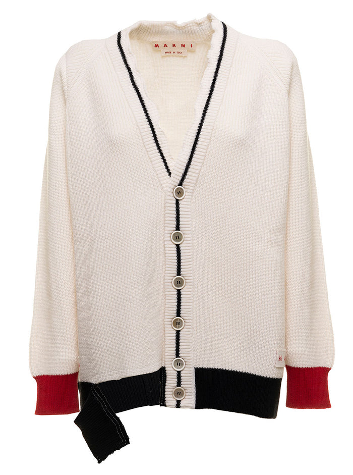 Marni Womans Multicolor Wool Blend Cardigan White Virgin Knit Cotton Jersey