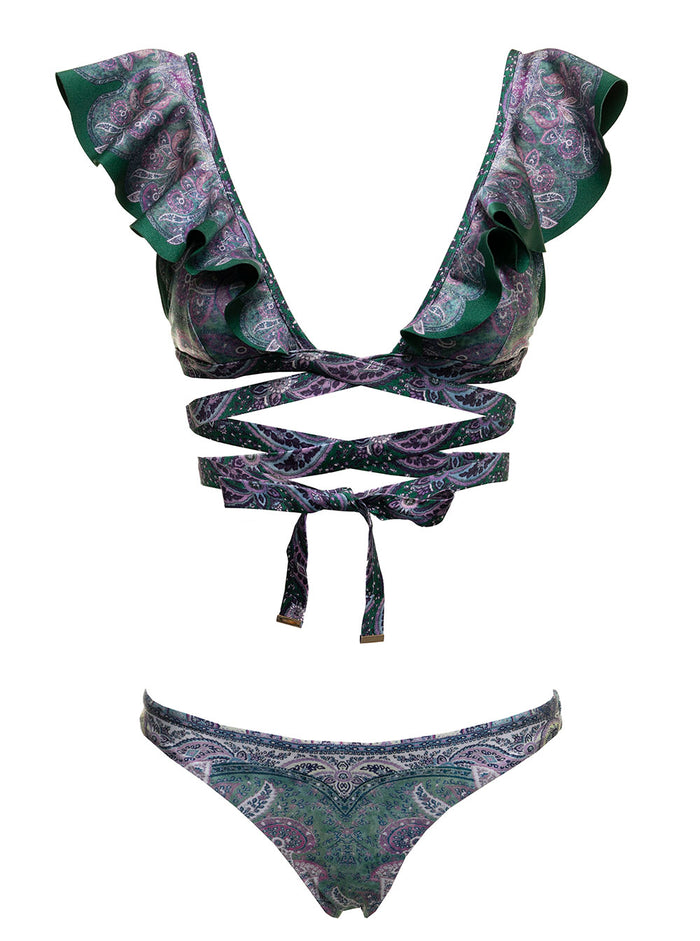 Zimmermann Womans Anneke Green And Lilac Bandana Printed Bikini With Ruffles Polyamide Elastane Beachwear