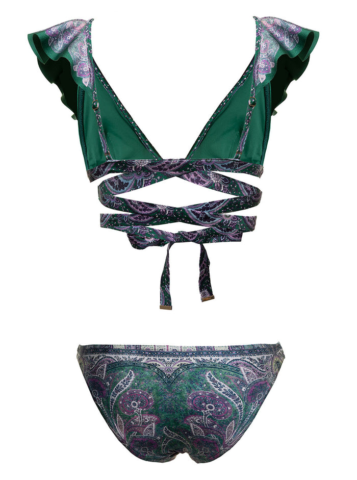Zimmermann Womans Anneke Green And Lilac Bandana Printed Bikini With Ruffles Polyamide Elastane Beachwear