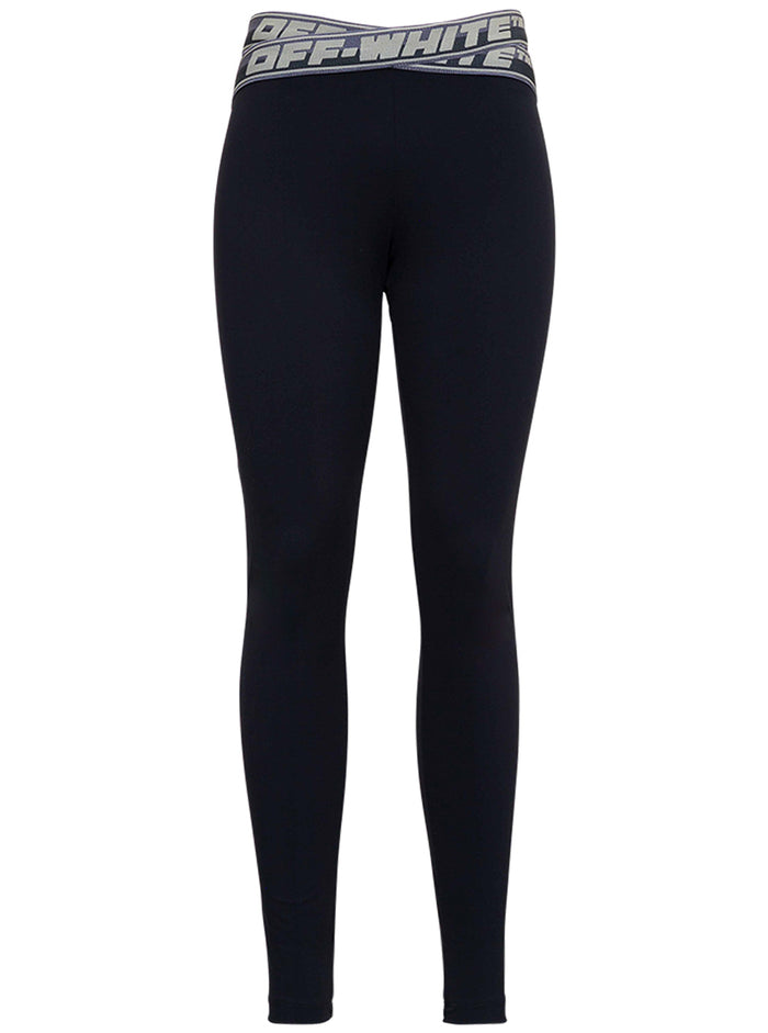 Black Stretch Fabric Leggings With Logo Polyamide Elastane Trousers