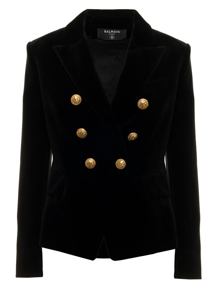 Balmain Womans Double-Breasted Black Velvet Blazer Cotton Blazers