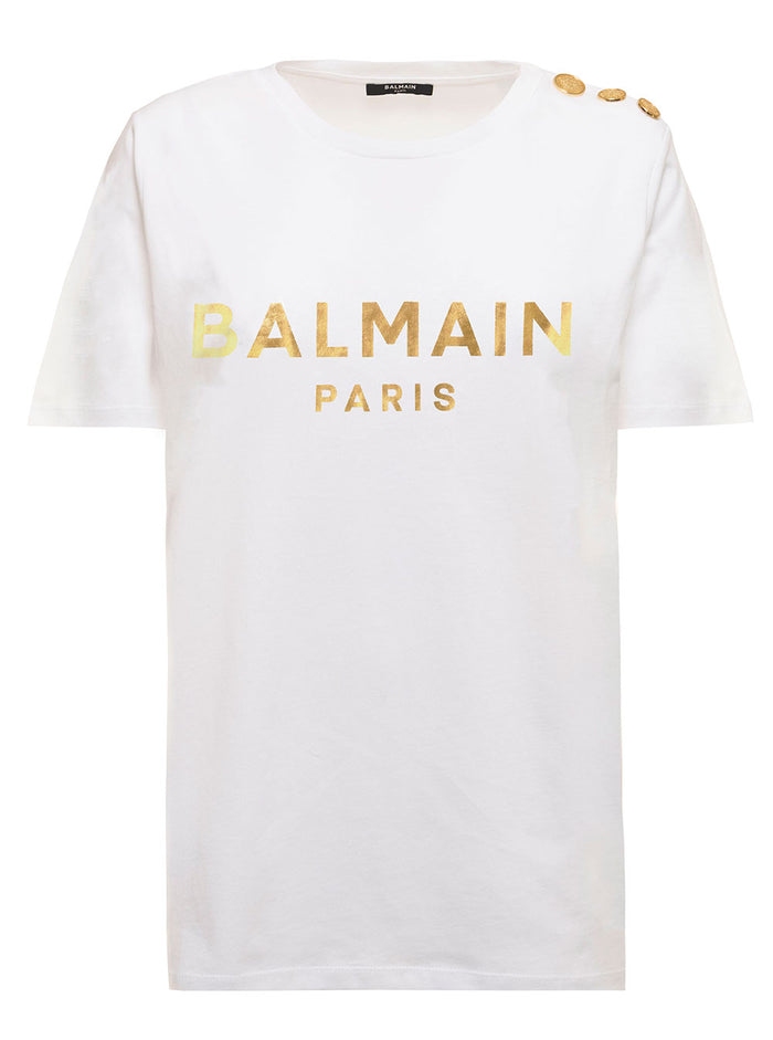 Balmain Womans White Cotton T-Shirt With Logo Print Tshirts And Polo Shirts