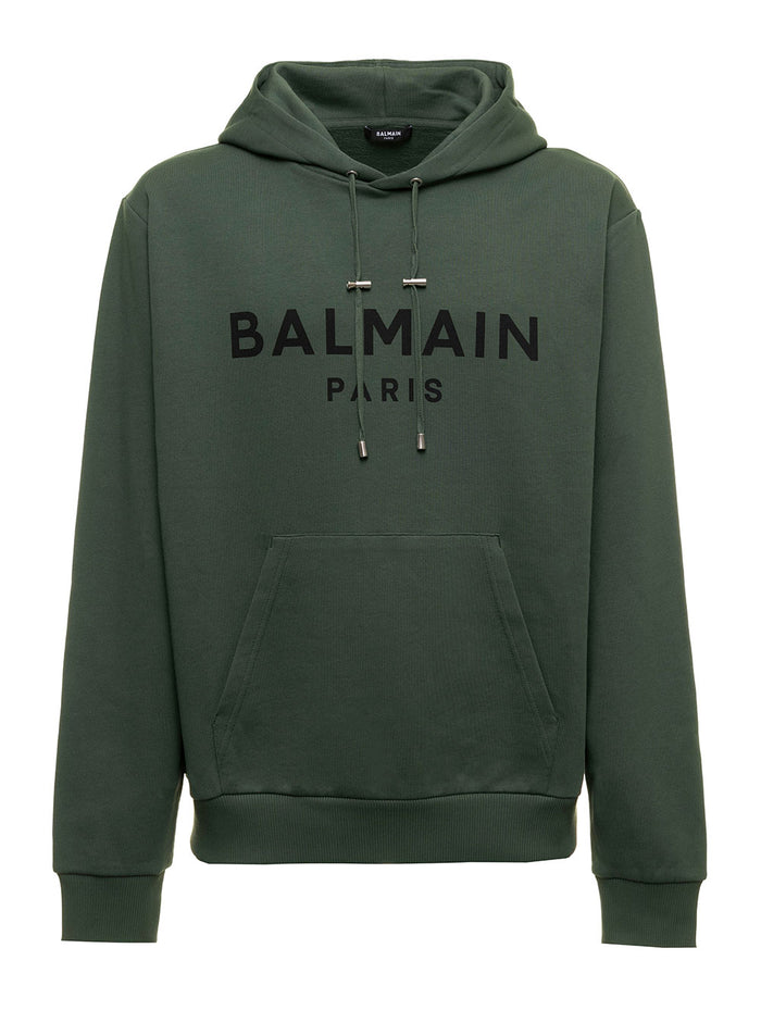 Balmain Mans Green Cotton Hoodie With Logo Print Sweatshirts
