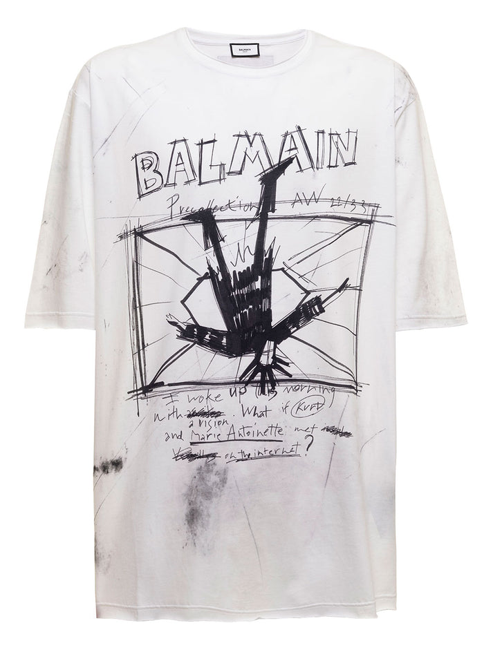 Balmain Mans White Cotton T-Shirt With Drawing Print Tshirts And Polo Shirts