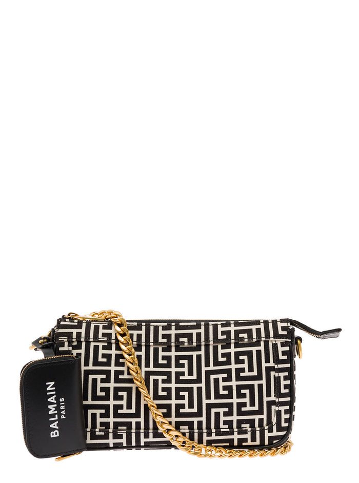 Balmain Womans B-Army Chain Monogram Jacquard Fabric Crossbody Bag Black Cotton