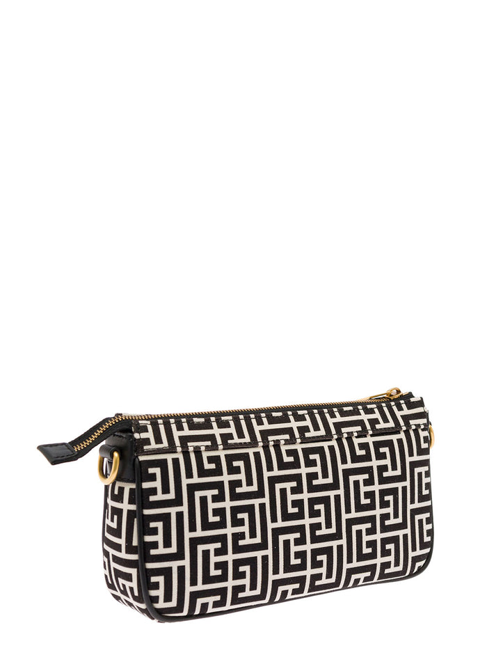 Balmain Womans B-Army Chain Monogram Jacquard Fabric Crossbody Bag Black Cotton