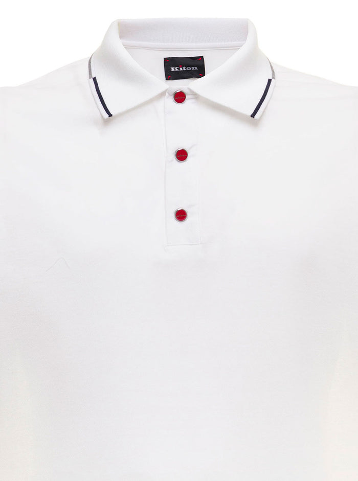 Kiton Mans White Cotton Piquet Polo Shirt Tshirts And