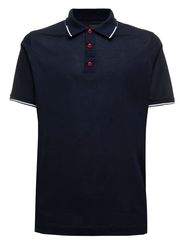 Kiton Mans Blue Cotton Piquet Polo Shirt Blu Tshirts And