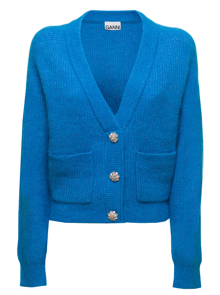 Ganni Womans Light Blue Merino Wool Blend Cardigan With Jewel Buttons Blu Jersey