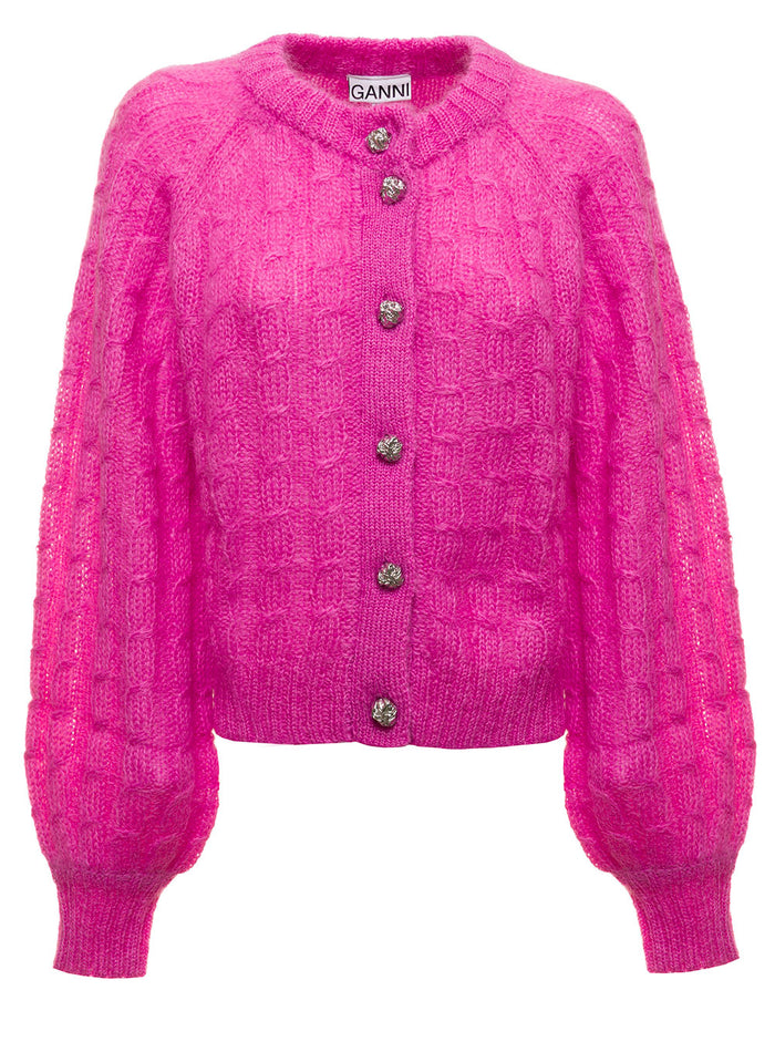 Ganni Womans Mohair Blend Pink Cardigan Nylon Merino Jersey