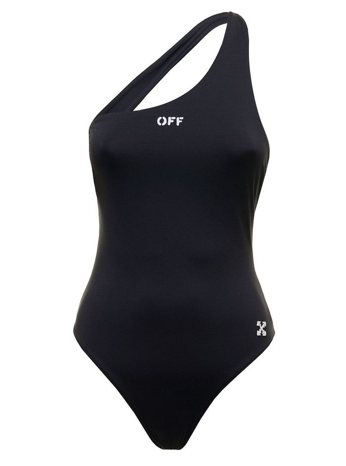 Off White Womans One-Shoulder Swimsuit With Logo Print Black % Polyester Elastane Beachwear