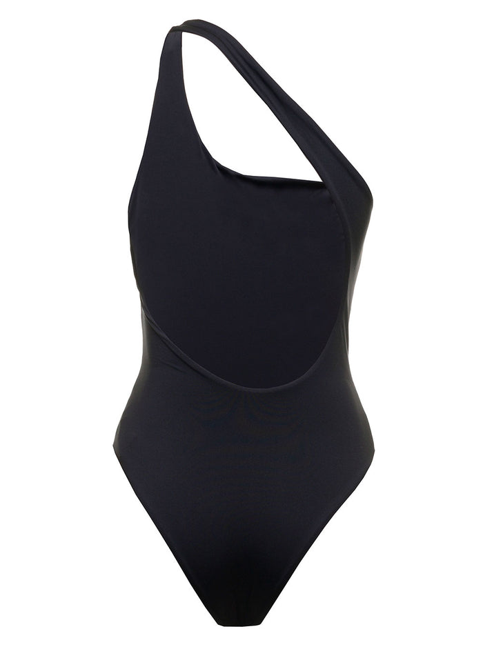 Off White Womans One-Shoulder Swimsuit With Logo Print Black % Polyester Elastane Beachwear