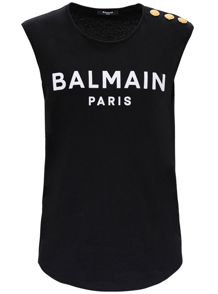 Balmain Womans Black Cotton Tank Top With Logo Print Cotone Tshirts And Polo Shirts