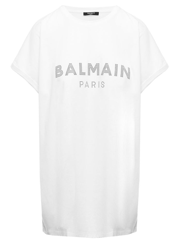 Balmain Womans White Cotton T-Shirt With Strass Logo Tshirts And Polo Shirts