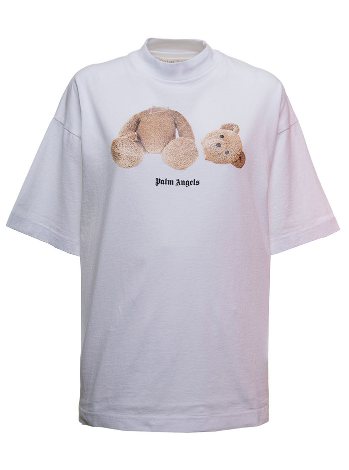 White Oversize Cotton T-Shirt With Bear Loose Print Palm Angels Woman Tshirts And Polo Shirts