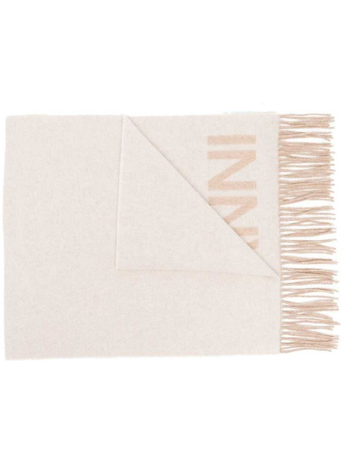 White And Beige Recycled Wool Scarf With Logo Ganni Woman Scarfs Foulards