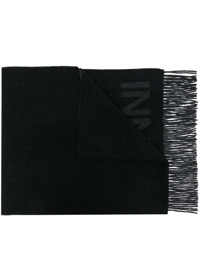 Black And Grey Recycled Wool Scarf With Logo Ganni Woman Scarfs Foulards