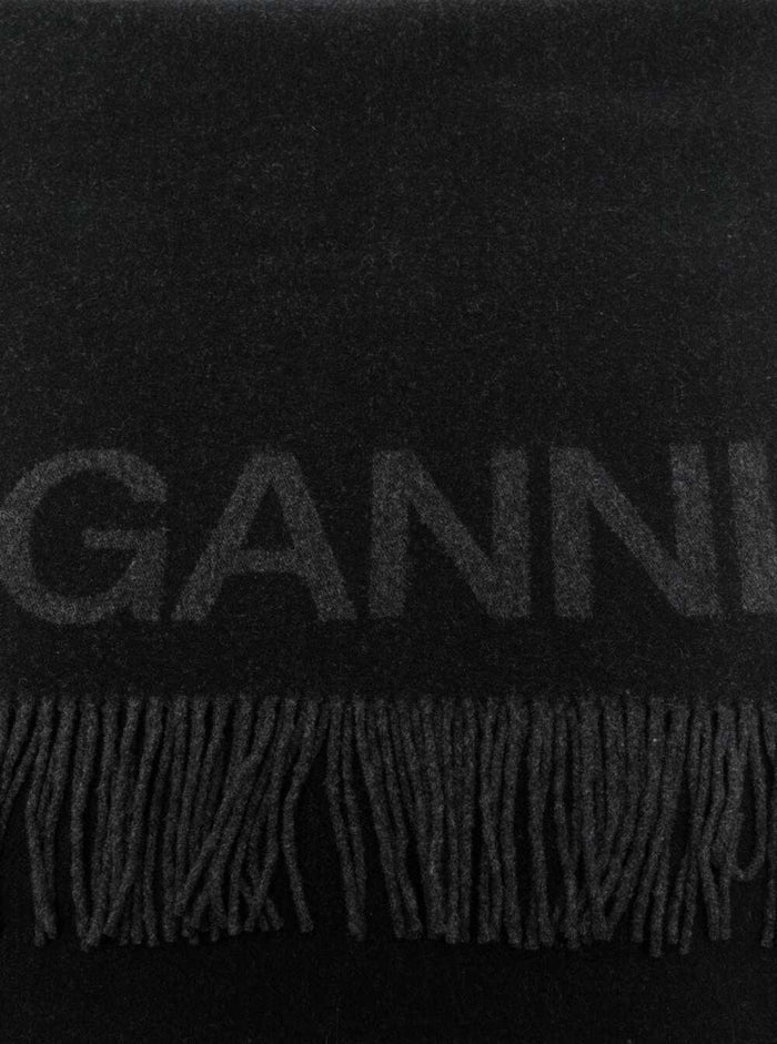 Black And Grey Recycled Wool Scarf With Logo Ganni Woman Scarfs Foulards
