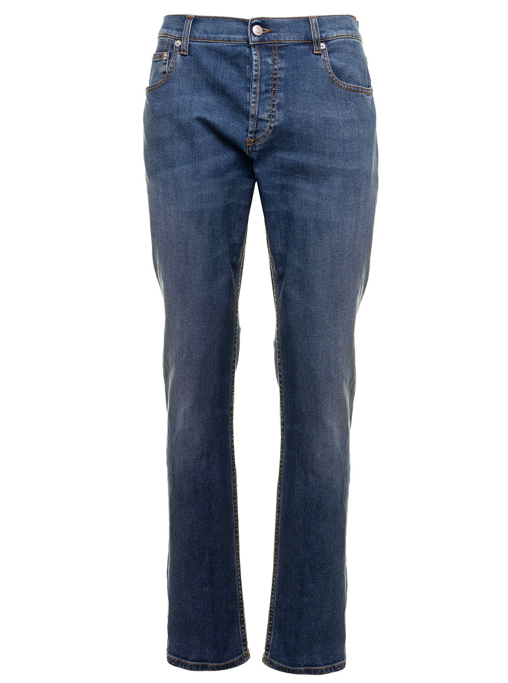 Blue Denim Jeans With Embroidered Logo Alexander Mcqueen Man Blu Cotton Elastan