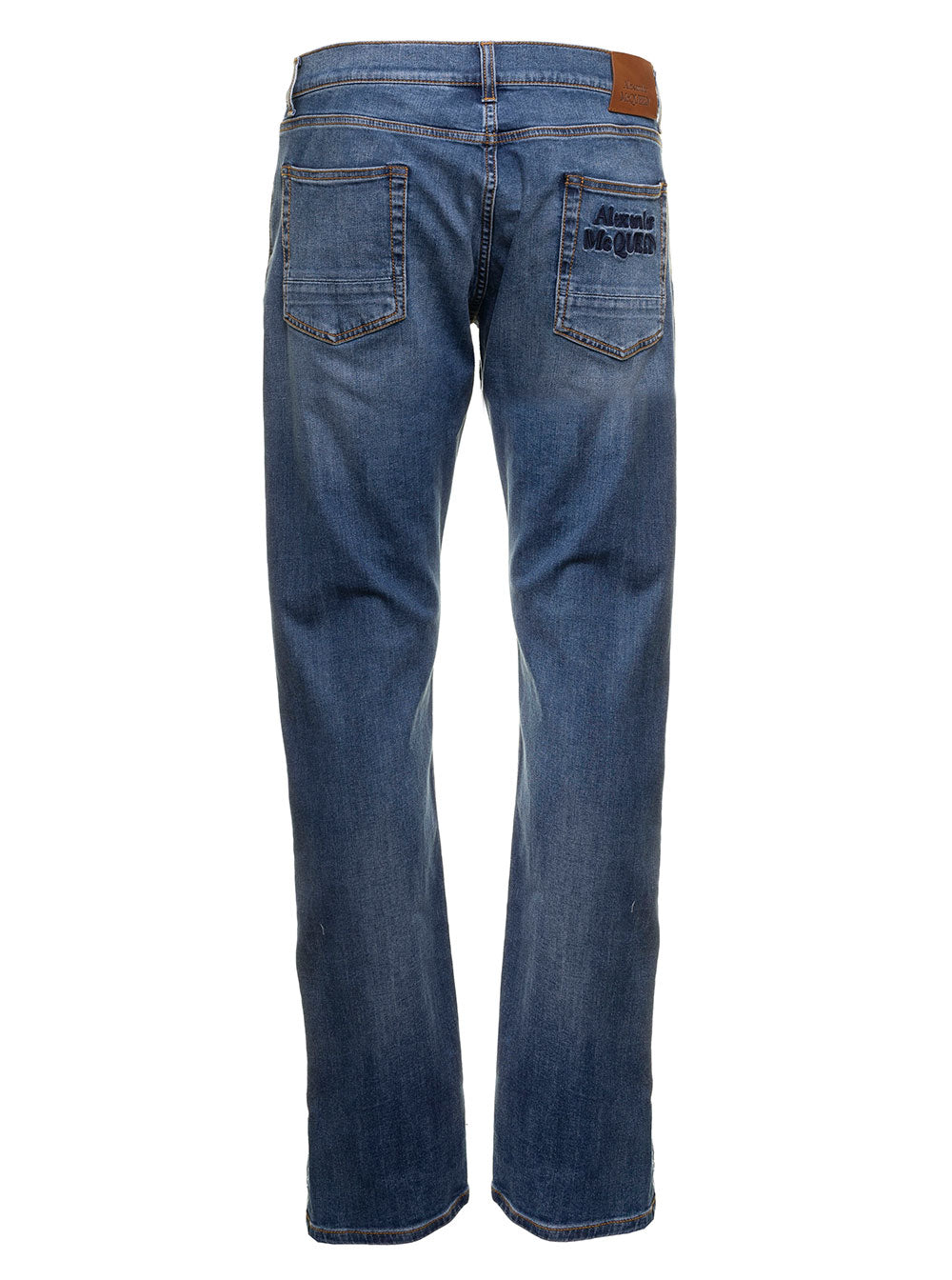 Blue Denim Jeans With Embroidered Logo Alexander Mcqueen Man Blu Cotton Elastan