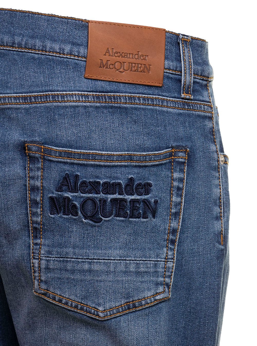 Blue Denim Jeans With Embroidered Logo Alexander Mcqueen Man Blu Cotton Elastan