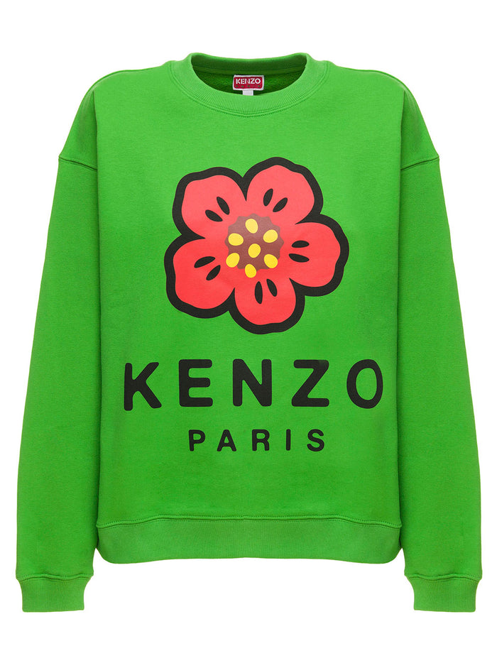 Green Jersey Hoodie With Flower Logo Print Kenzo Woman Cotton Elastane Sweatshirts