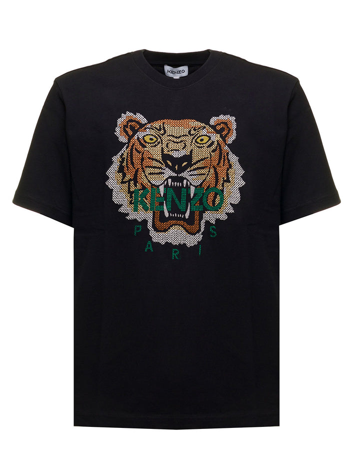 Black Jersey T-Shirt With Tiger Seasonal Logo Kenzo Man Cotton Tshirts And Polo Shirts