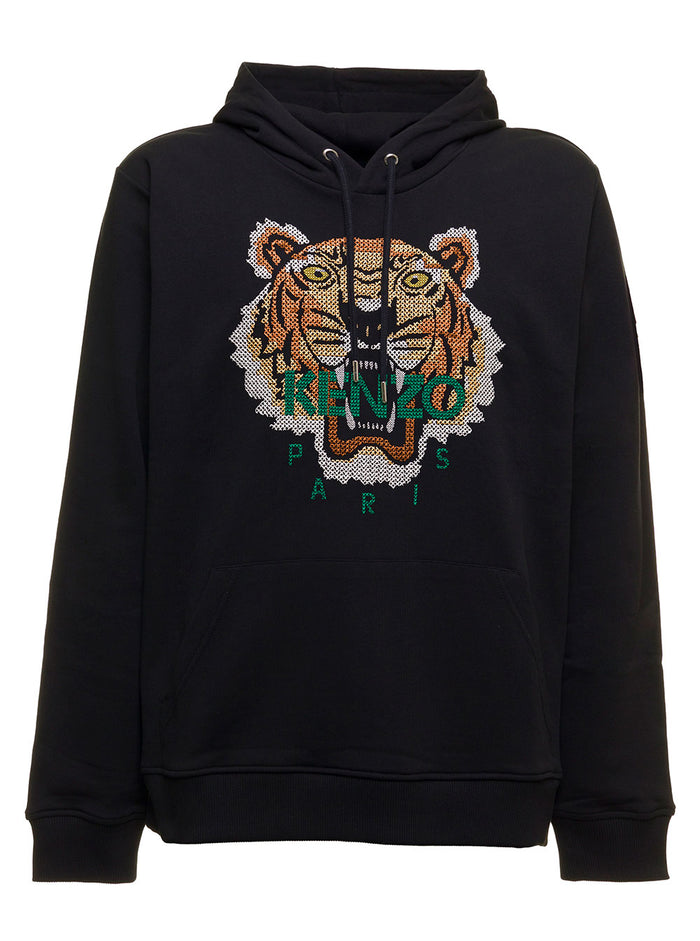 Black Jersey Hoodie With Tiger Seasonal Logo Kenzo Man Cotton Sweatshirts